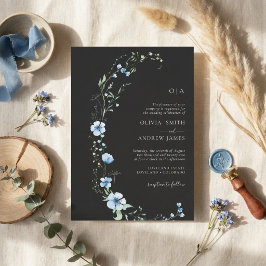 Svart Boho Blommig Bröllopsinbjudan | Dyster Blå Inbjudningar