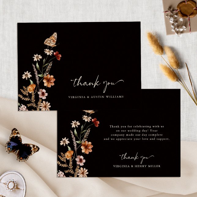 Svart Boho Blommig Bröllopstackningskort Tack Kort (Black Boho Floral Wedding Thank You Card with Butterfly by Painted Paperie
)