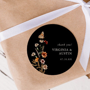 Svart Boho Blommig Klassisk Rund Klistermärke