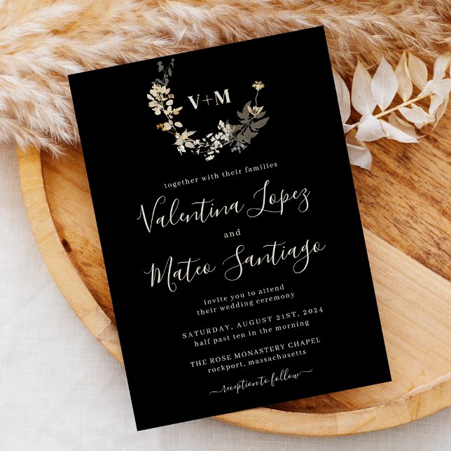 Svart Boho Botanisk Lövverk Monogram Bröllopsinbju Inbjudningar (Skapare uppladdad)