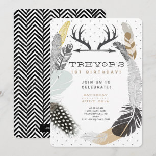 Svart Boho Feather Birthday-inbjudan Inbjudningar