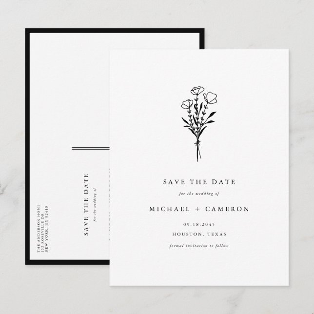 Svart Boho-minimalistisk botaniskt Spara datumet Meddelande Vykort (Fram/baksida)