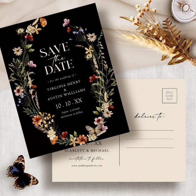 Svart Boho Spara Datum Postkort Vykort (Black Boho Watercolor Floral Save The Date Postcard by Painted Paperie
)