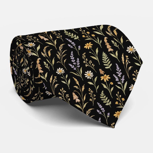 Svart Boho Vildblomma Äng Floral Slips (Rullad)