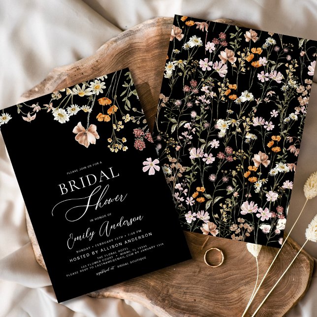 Svart Boho Vildblomma Bröllopsfest Inbjudningar (Skapare uppladdad)