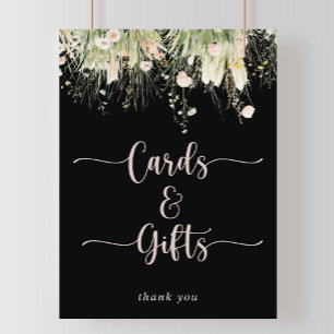 Svart boho Wildblomskort och presentkort Poster