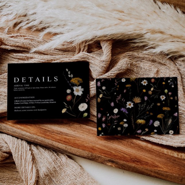 Svart Boho Wildflower Bröllopsdetaljkort Tilläggskort (Skapare uppladdad)