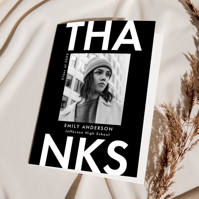 Svart | Bold Grad Photo Studenten Tack Kort (Skapare uppladdad)