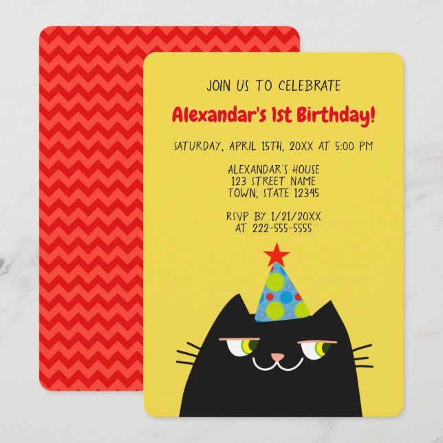 Svart Booo Katten , Rolig Svart 1-års Födelsedag Inbjudningar (Fram/baksida)