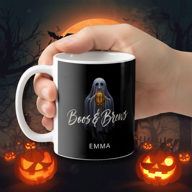 Svart Boos & Brews Spök Halloween Kaffemugg (Skapare uppladdad)