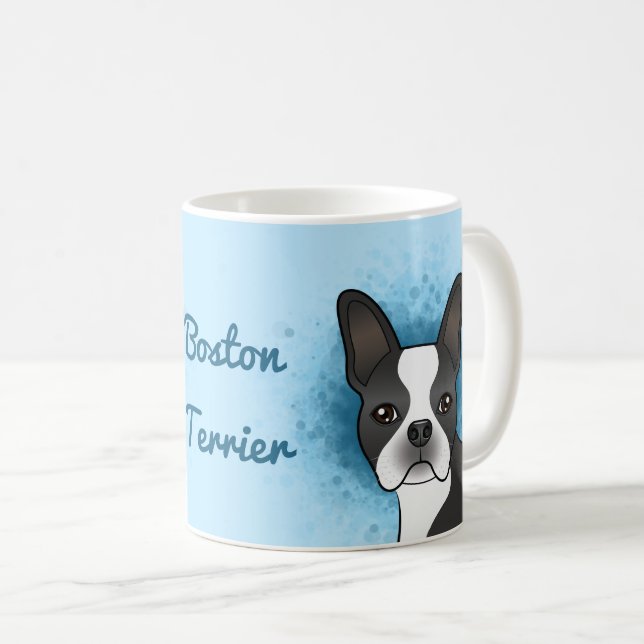 Svart Boston Terrier Hund Framifrån på Blått & Tex Kaffemugg (Framsida höger)
