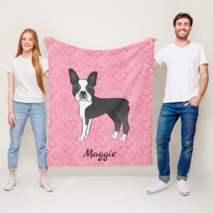 Svart Boston Terrier Hund På Rosa Hjärtan Och Namn Fleecefilt