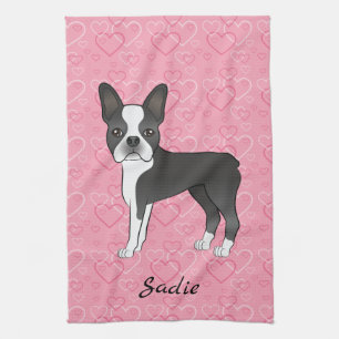 Svart Boston Terrier Hund På Rosa Hjärtan Och Namn Kökshandduk