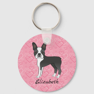 Svart Boston Terrier Hund På Rosa Hjärtan Och Namn Nyckelring
