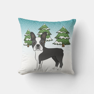 Svart Boston Terrier I En Vinter Skog Kudde
