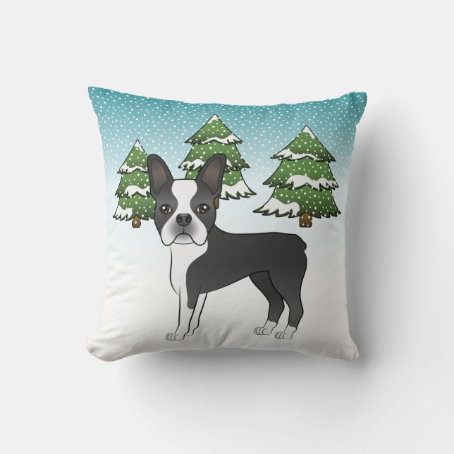 Svart Boston Terrier I En Vinter Skog Kudde (Framsida)