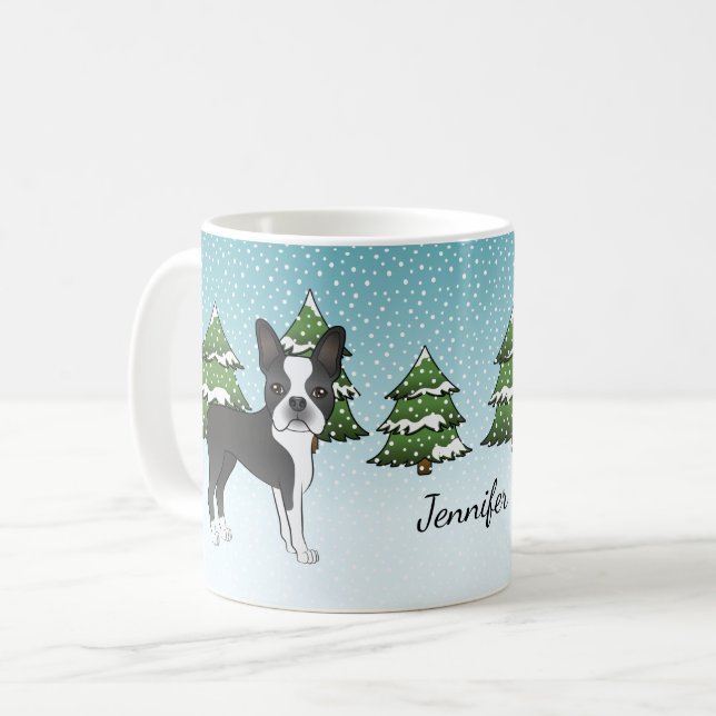 Svart Boston Terrier I En Vinter Skog & Namn Kaffemugg (Framsida vänster)