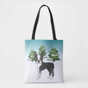 Svart Boston Terrier I En Vinter Skog Tygkasse