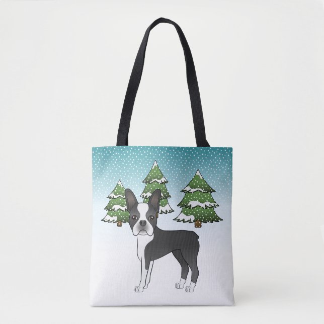 Svart Boston Terrier I En Vinter Skog Tygkasse (Framsida)