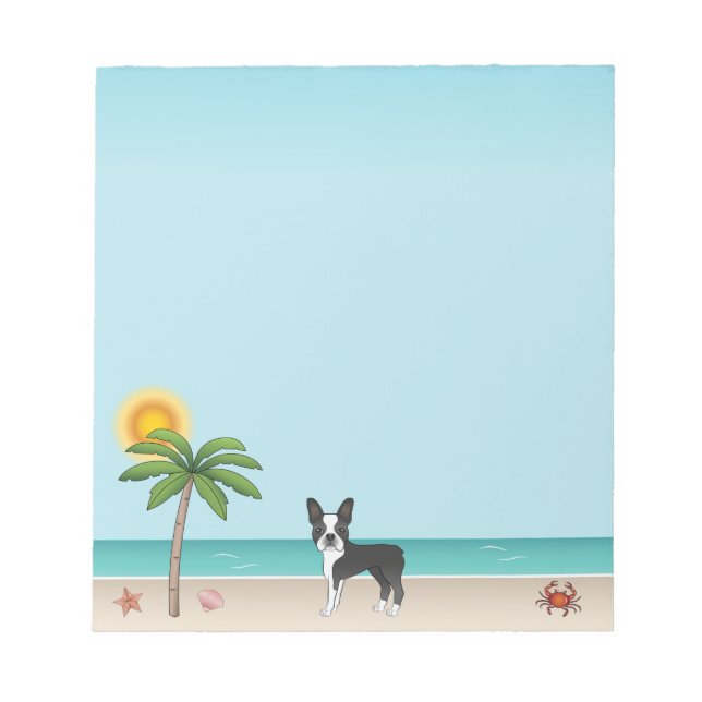 Svart Boston Terrier På En Tropisk Sommarstrand Anteckningsblock (Framsida)
