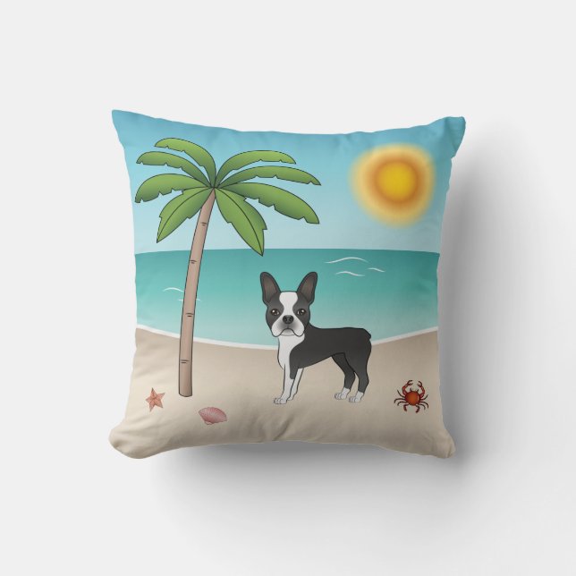 Svart Boston Terrier På En Tropisk Sommarstrand Kudde (Framsida)