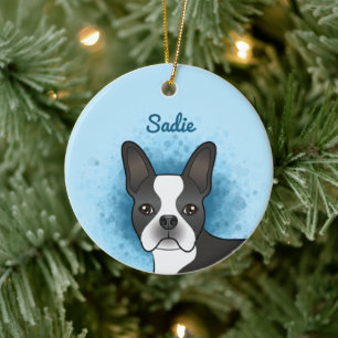 Svart Boston Terrier Serietecknad Hund På Blått &  Julgransprydnad Keramik
