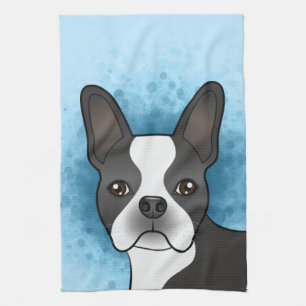 Svart Boston Terrier Tecknad Hund Huvud På Blått Kökshandduk