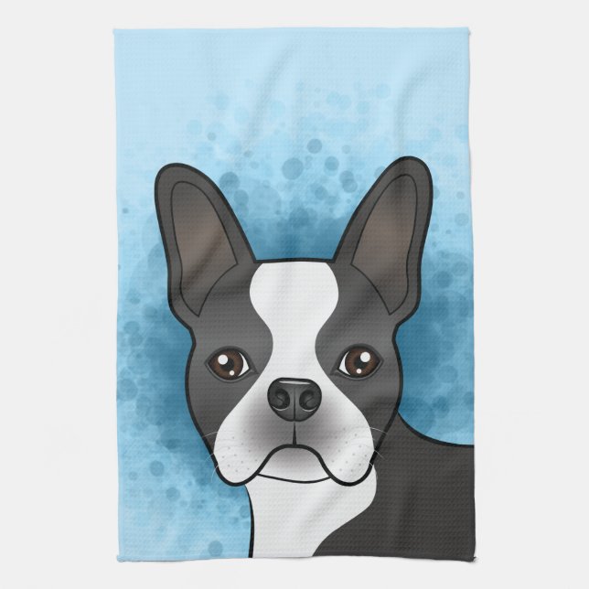 Svart Boston Terrier Tecknad Hund Huvud På Blått Kökshandduk (Vertikal)
