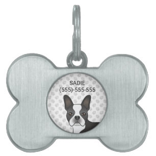 Svart Boston Terrier Tecknad Hundhuvud & Tassar ID-bricka Husdjur
