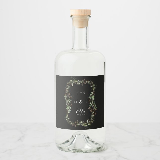 Svart botanicals Guld Modern Eucalyptus Gin Oval Spritflaskor Etikett (Framsida)