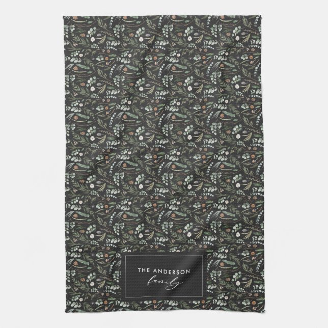 Svart botanisk elegant, modern familjepresentdekör kökshandduk (Vertikal)