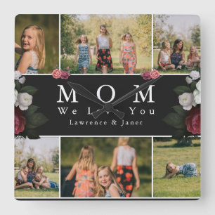 Svart botaniska Blommigten Mamma 8 FotoCollage gif Fyrkantig Klocka