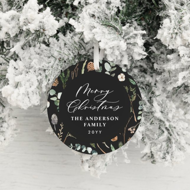 Svart botaniskt foto med minimal elegant under jul julgransprydnad keramik (Skapare uppladdad)