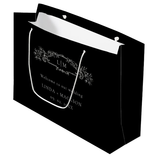 Svart botaniskt vapensköld monogram bröllop (Framsidan Vinklad)