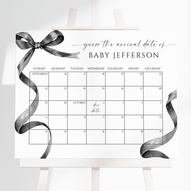 Svart Bow Baby Shower Gissa Förfallodatum Kalender Poster (Skapare uppladdad)