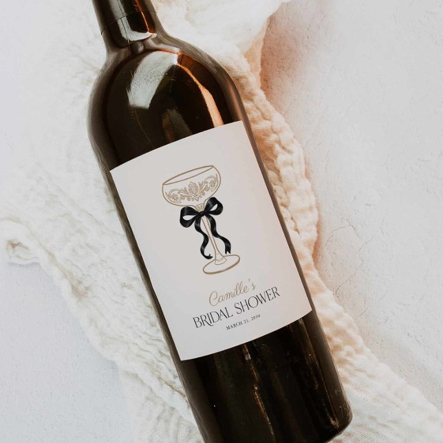 Svart Bow Champagne Brunch Vin Etikett (Black Bow Bridal Shower Wine Bottle Label)