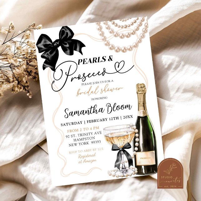 Svart Bow Coquette Pärlor och Prosecco Inbjudningar (Skapare uppladdad)