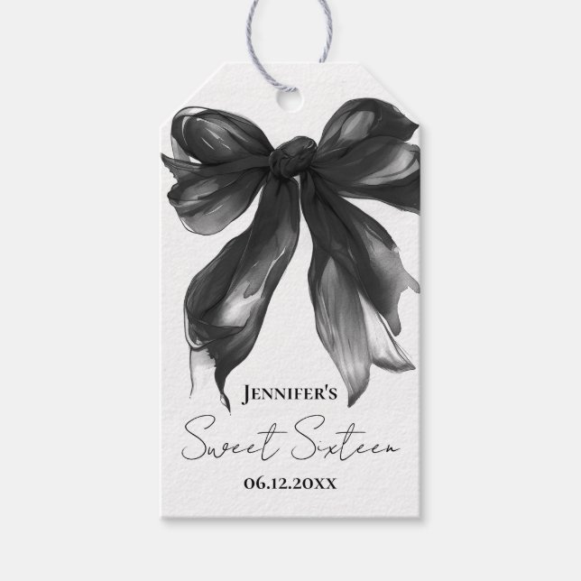 Svart Bow Coquette Script Söt 16 Fests Presentetikett (Framsidan)