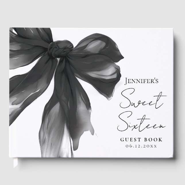 Svart Bow Coquette Script Söt 16 Festsdag Gästböcker (Framsida)