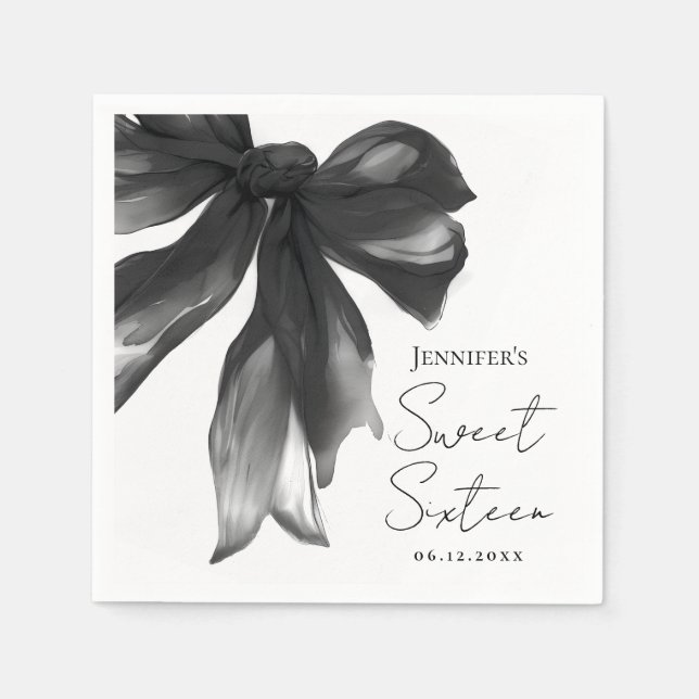 Svart Bow Coquette Script Söt 16 Festsdag Pappersservett (Framsidan)