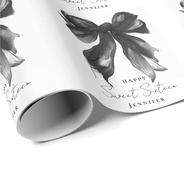 Svart Bow Coquette Script Söt 16 Födelsedagsfest Presentpapper (Rullad Hörn)