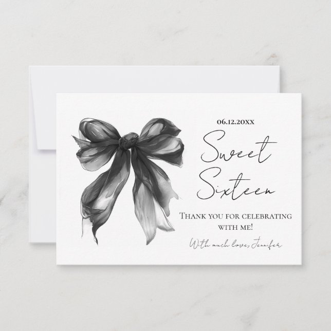 Svart Bow Coquette Script Sweet 16 Tack  Kort (Framsida)