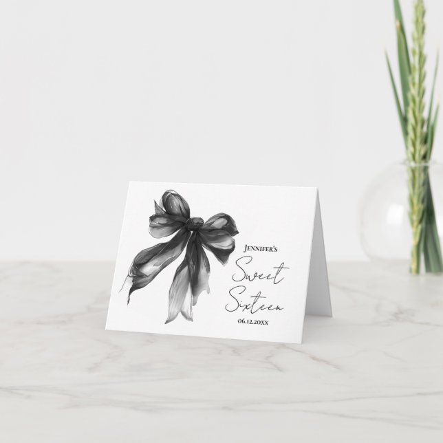 Svart Bow Coquette Script Sweet 16 Tack  Kort (Framsida)