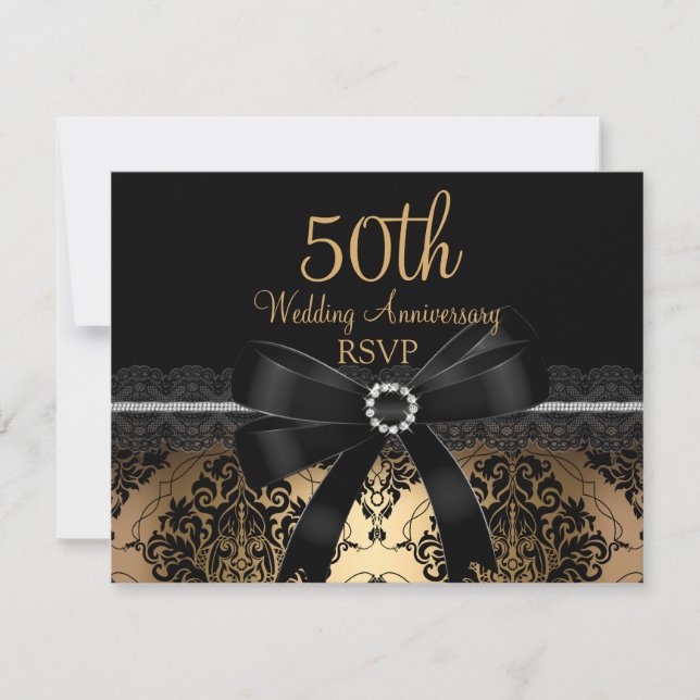 Svart Bow & Damask Guld 50-årsjubileum RSVP OSA Kort (Framsida)
