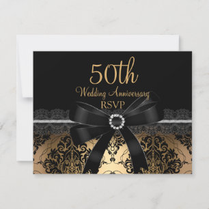 Svart Bow & Damask Guld 50-årsjubileum RSVP OSA Kort
