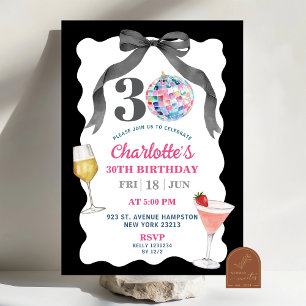 Svart Bow Disco Boll Cocktail Trettioårs Födelseda Inbjudningar
