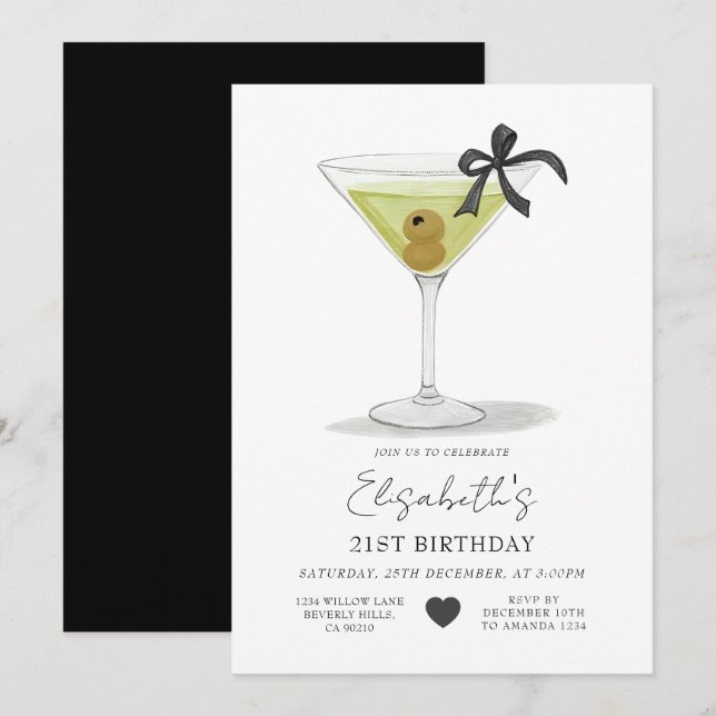 Svart Bow En liten smula äldre Olive Martini Födel Inbjudningar (Fram/baksida)