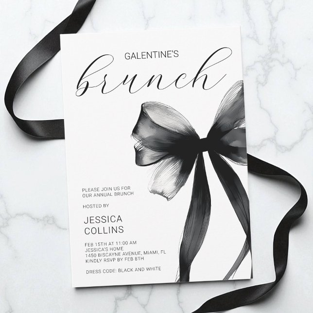Svart bow Galentine's Day Brunch-fest för damer Inbjudningar (Script Black Bow Galentine's Day Brunch Party Invitation)