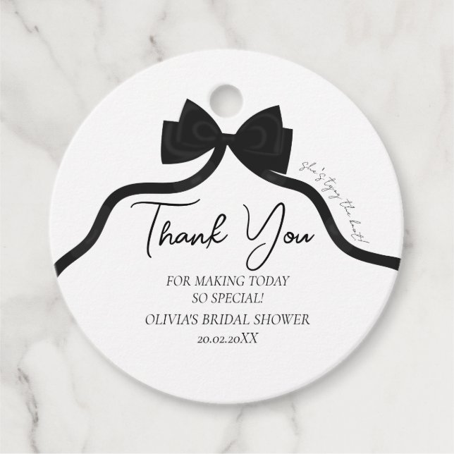 Svart bow hon knyter knuten bröllopsfest gåvor etiketter (Framsida)