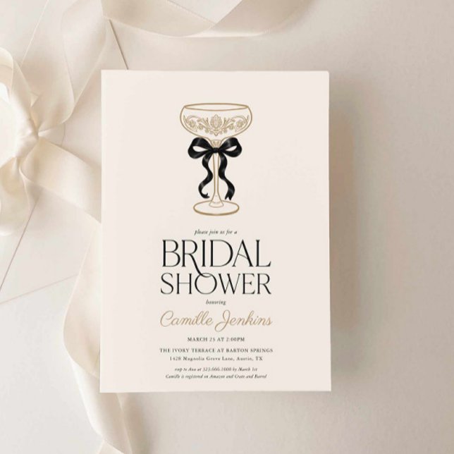 Svart Bow och Champagne Bröllopsfestinladning Inbjudningar (Bows and Bubbly Bridal Shower Invitation)